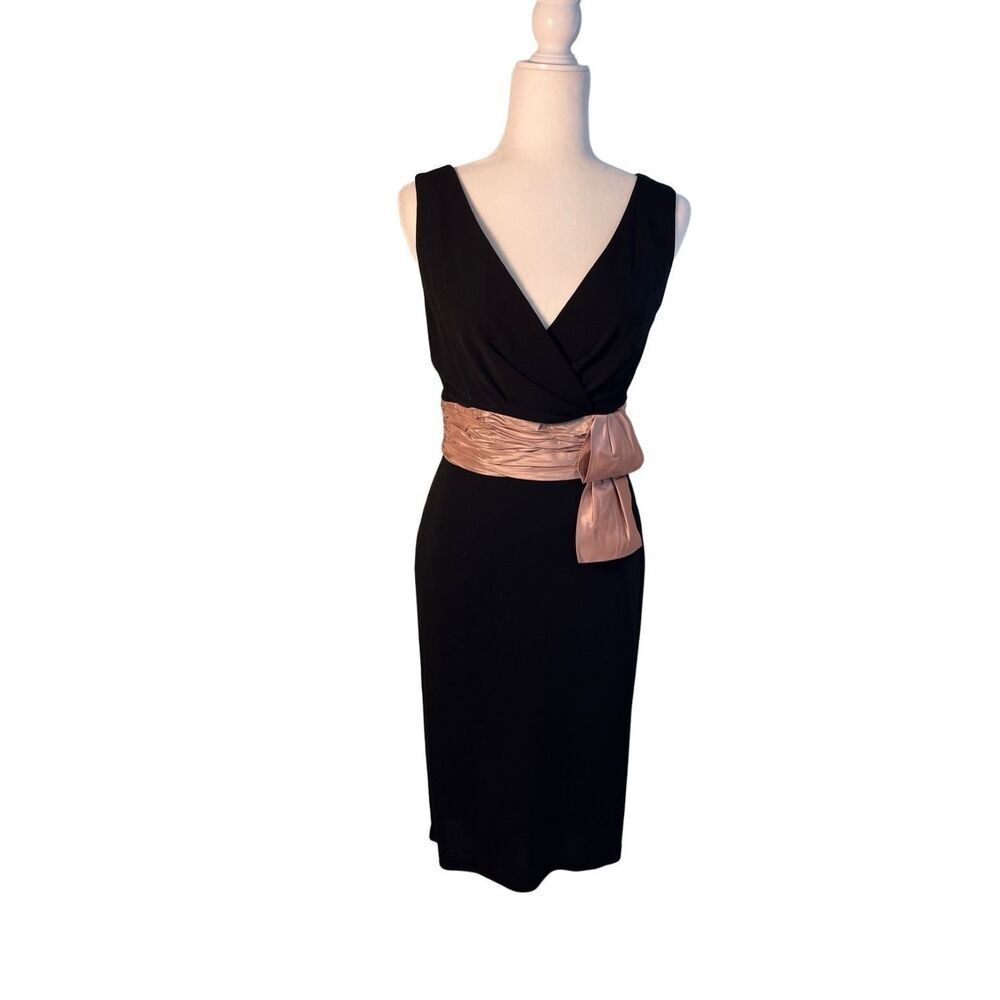 Kay Unger black sleeveless cocktail dress with pink waist sash - 4